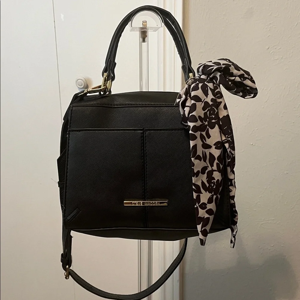 Steve Madden Black Satchel with Floral Scarf Accent Shoulder Bag
